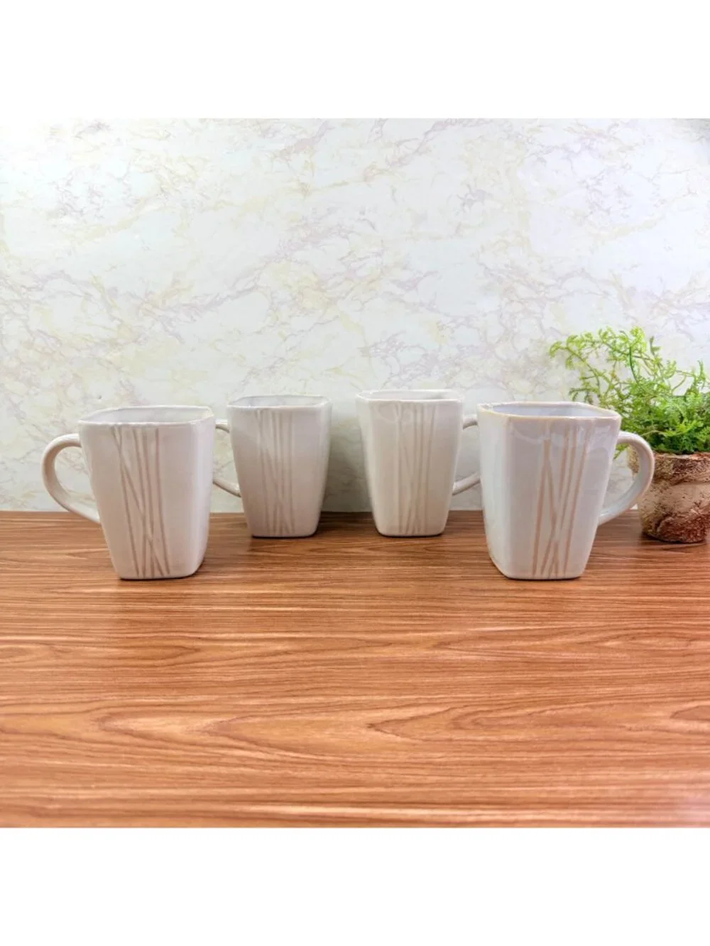 Pier 1 SAKUI Off White Ceramic Square Ribbed Textured Coffee Mugs Cups Set of 4